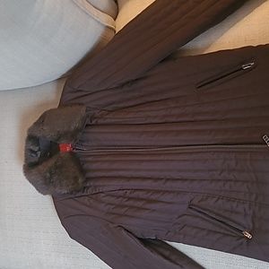 Women's Chocolate Brown Jacket with Faux Fur Trim (Medium).